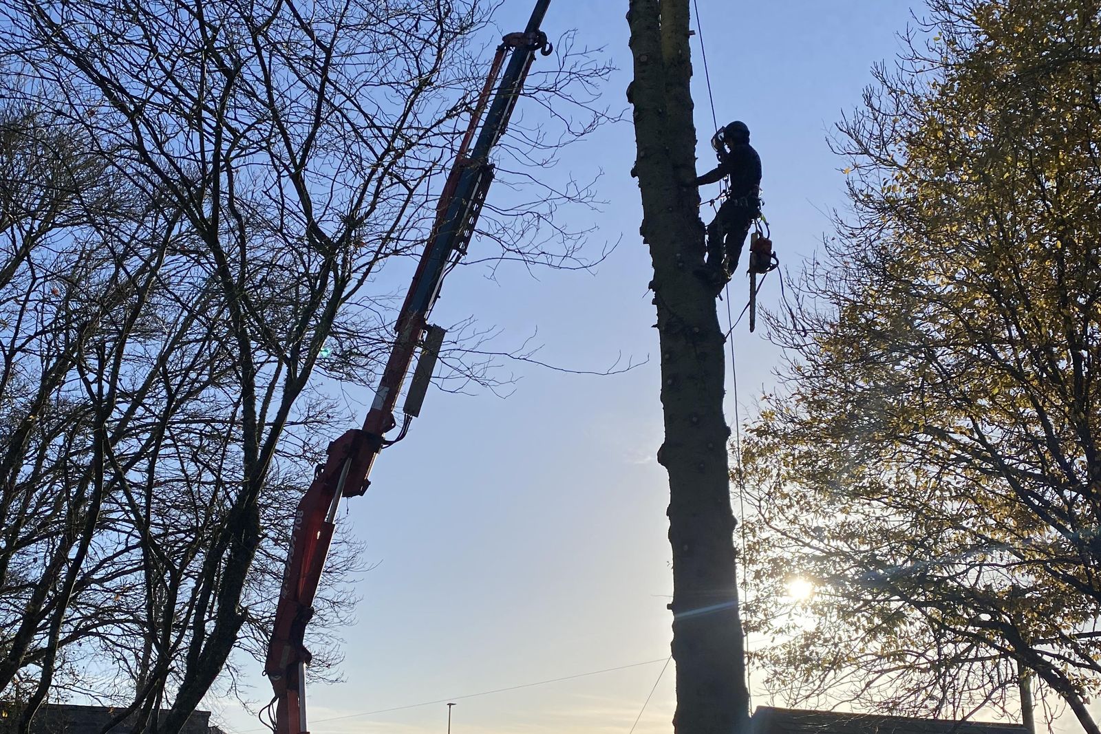 Climber on a tall spar with crane support at dusk