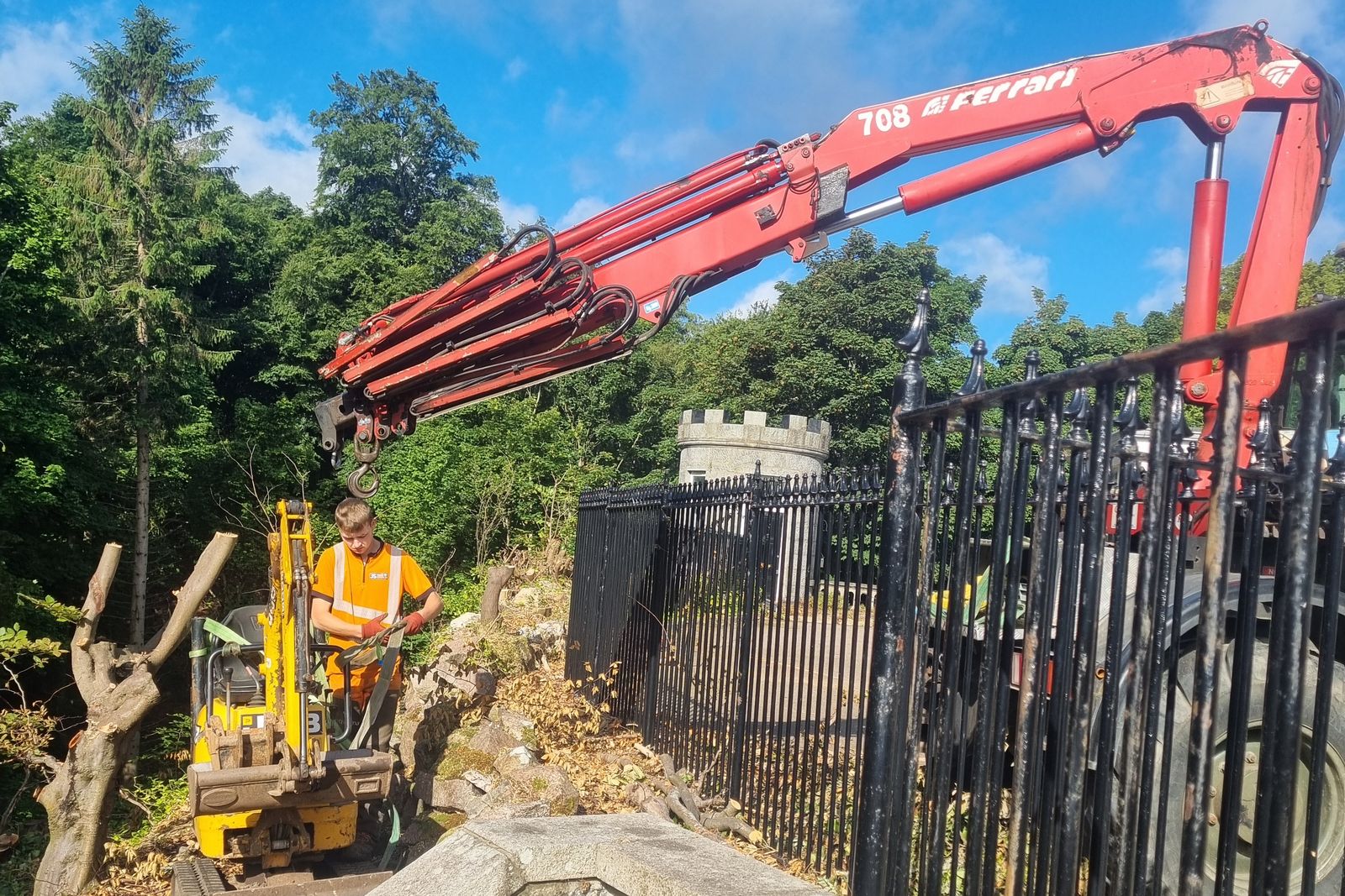 Crane reaching over railings to work a roadside tree